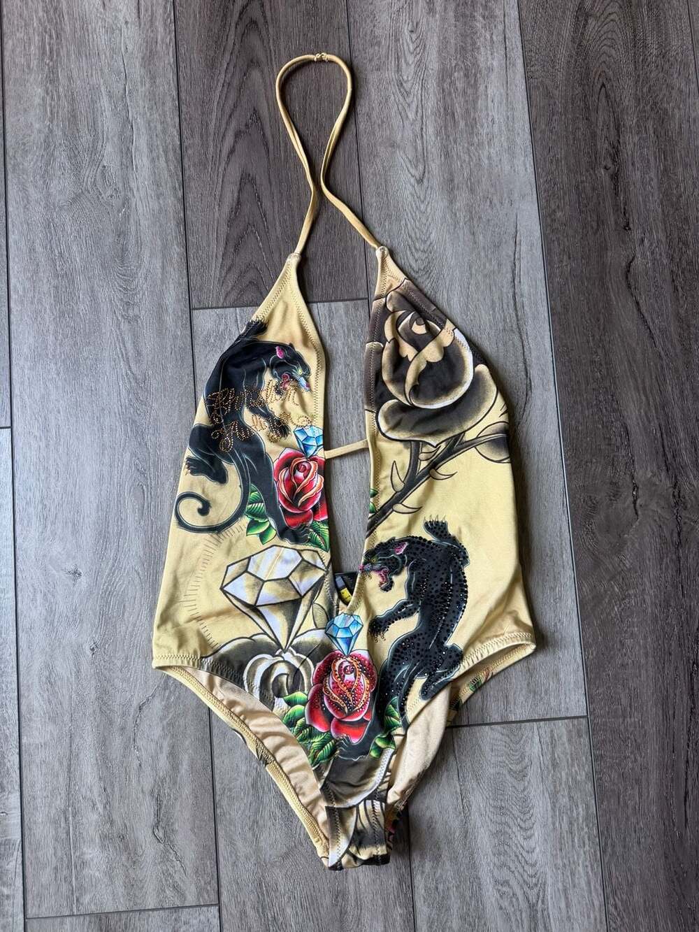 Christian Audigier Vintage Y2K Tattoo Print Jeweled
Halter One-Piece Swimsuit